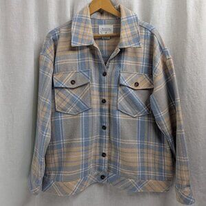 Boston Traders women's XL blue tan white plaid shacket earth tones button G7